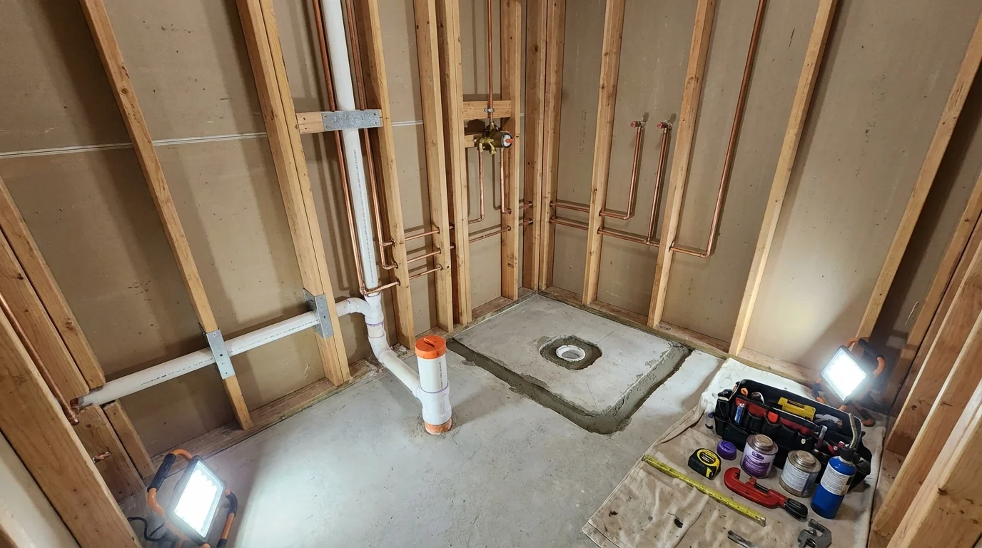 Bathroom rough-in plumbing during remodel by Johns Plumbing LLC in Marengo