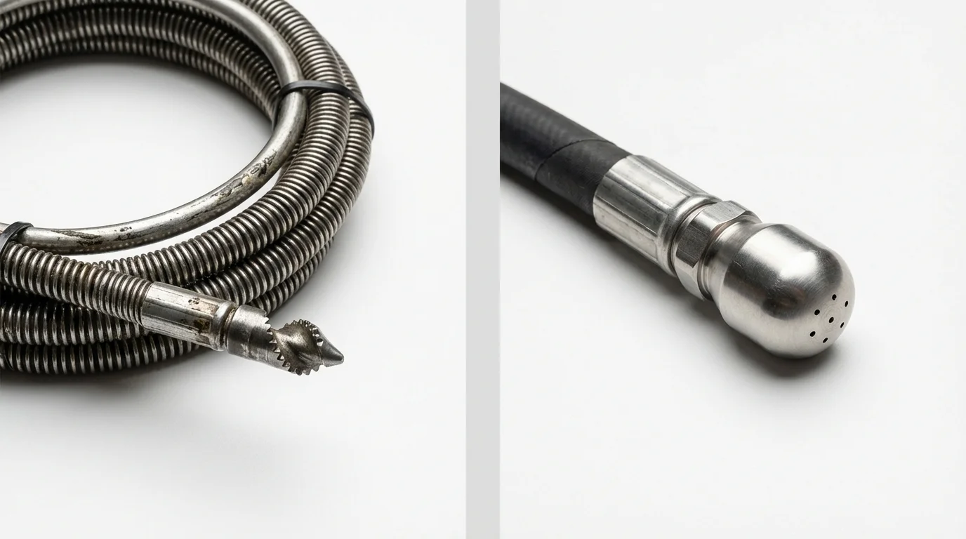 Drain snake cable and hydro jetting nozzle used for drain cleaning in Marengo, IA