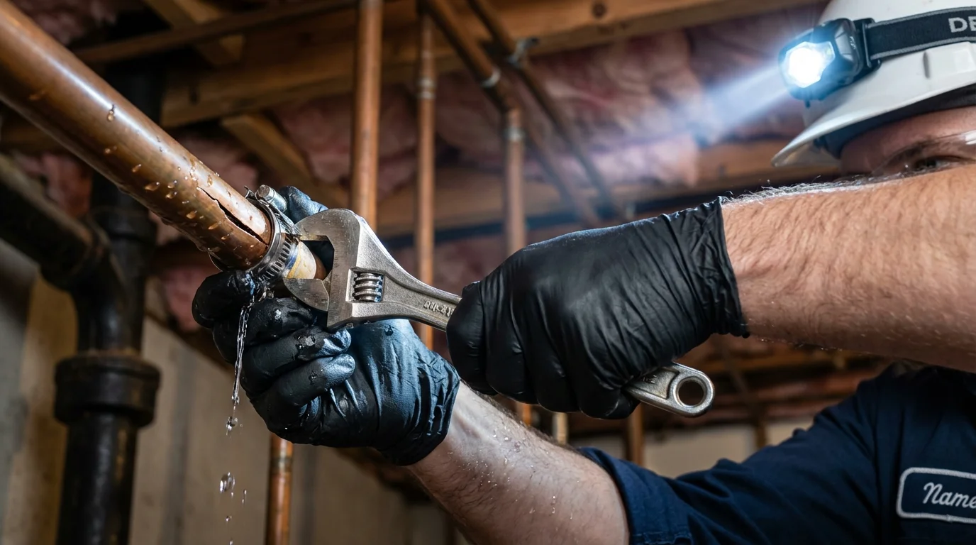 Emergency pipe clamp repair being performed by a Johns Plumbing LLC plumber in Marengo