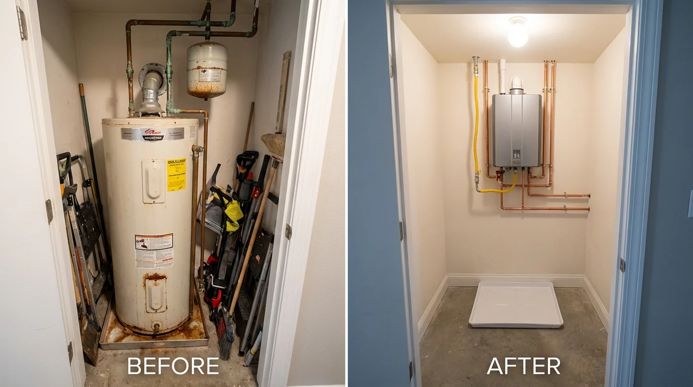 Tank water heater versus wall-mounted tankless unit comparison for Marengo, IA homeowners