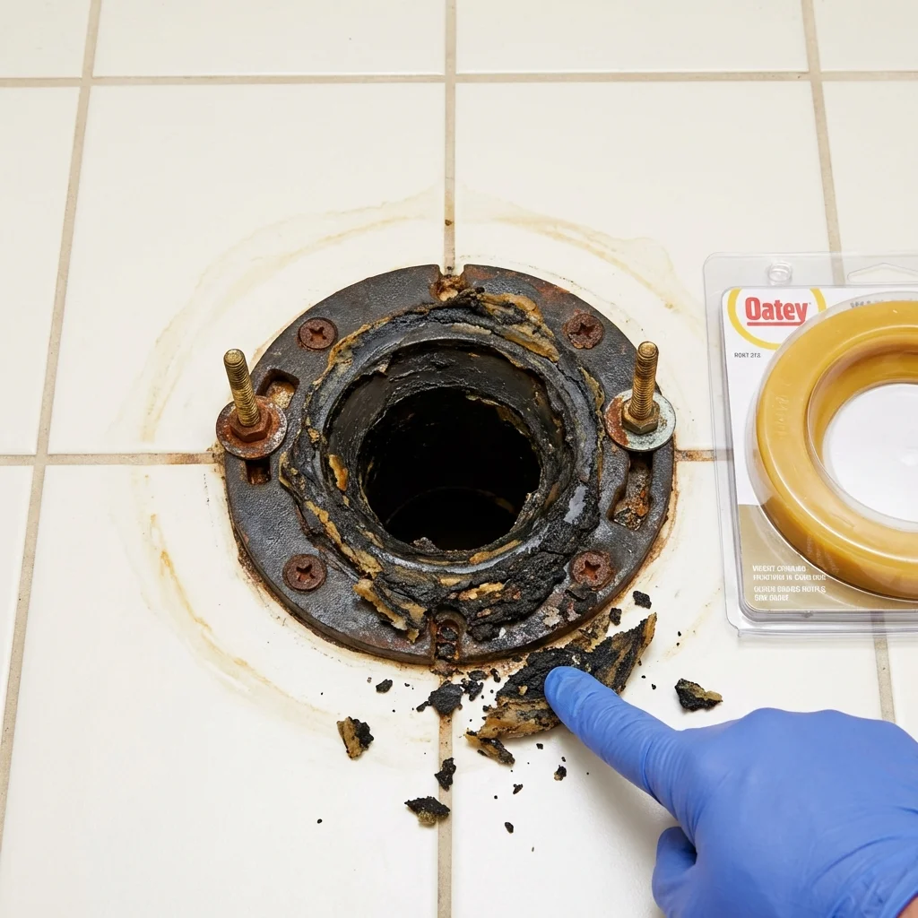 Failed wax ring showing water seepage at the base of a toilet in a Marengo, IA home