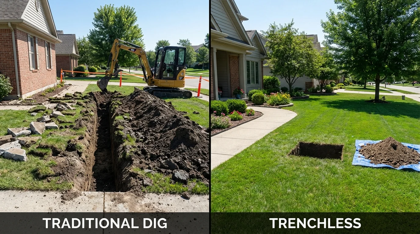 Trenchless sewer repair with minimal yard damage versus traditional excavation in Marengo, IA